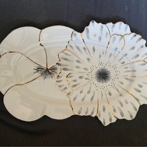 Anthropologie-Papetal Floral Serving Platter- White, Black and Gold- 15 inches